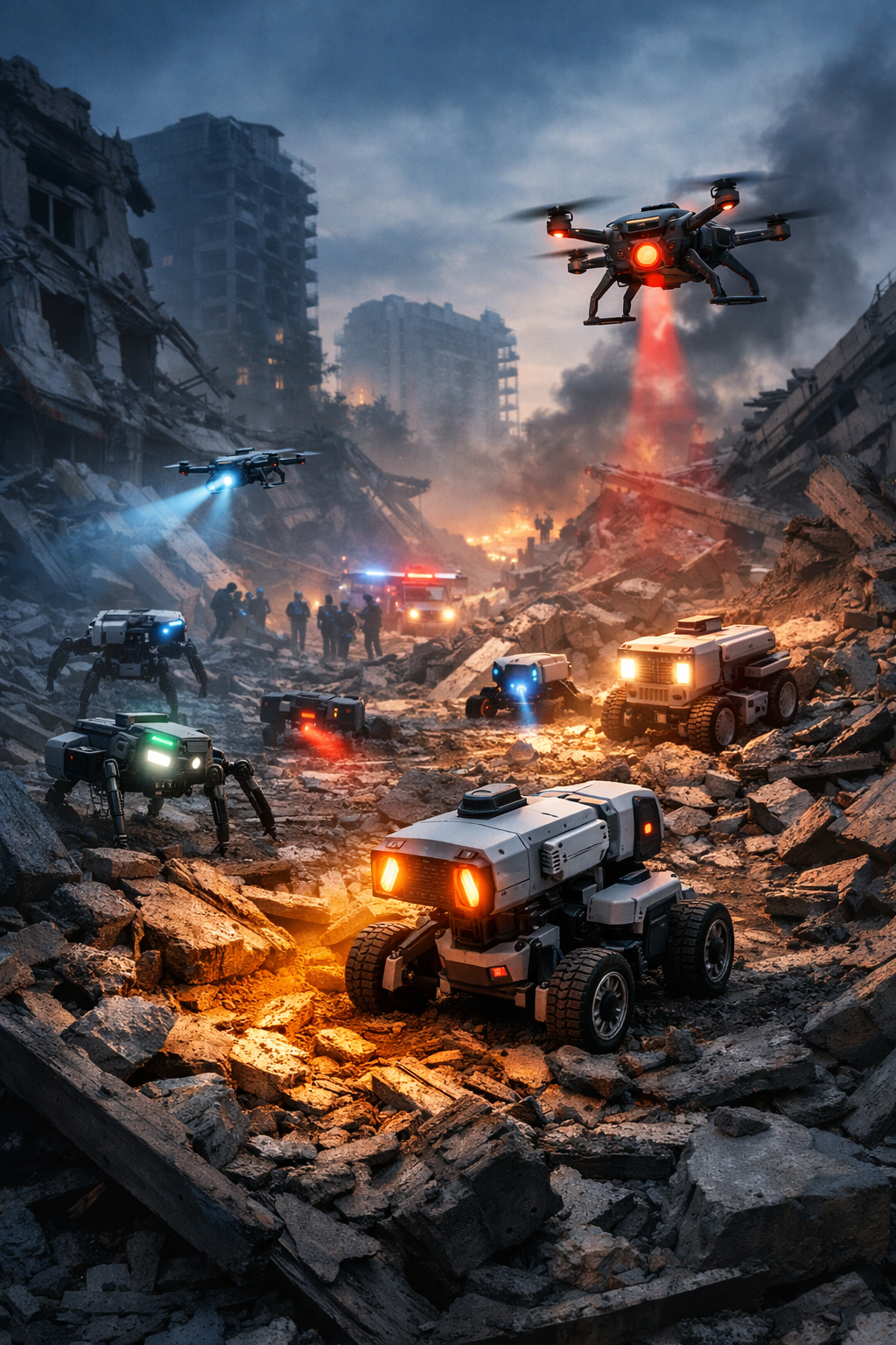 Swarm robots working together in a disaster zone for search and rescue operations