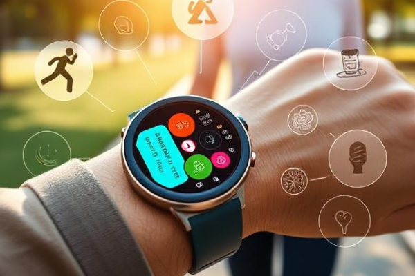 Person wearing a smartwatch displaying heart rate and health tracking data on wrist