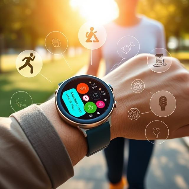 Person wearing a smartwatch displaying heart rate and health tracking data on wrist