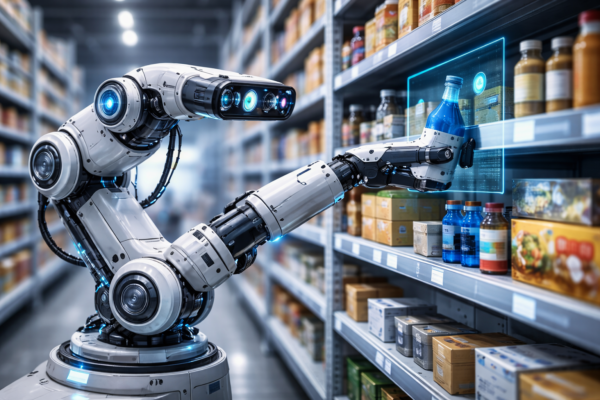 AI-powered warehouse robots sorting and picking packages in an automated e-commerce fulfillment center