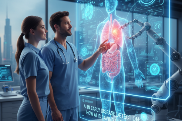 Doctor using AI technology on a digital screen to detect early signs of disease in medical scans