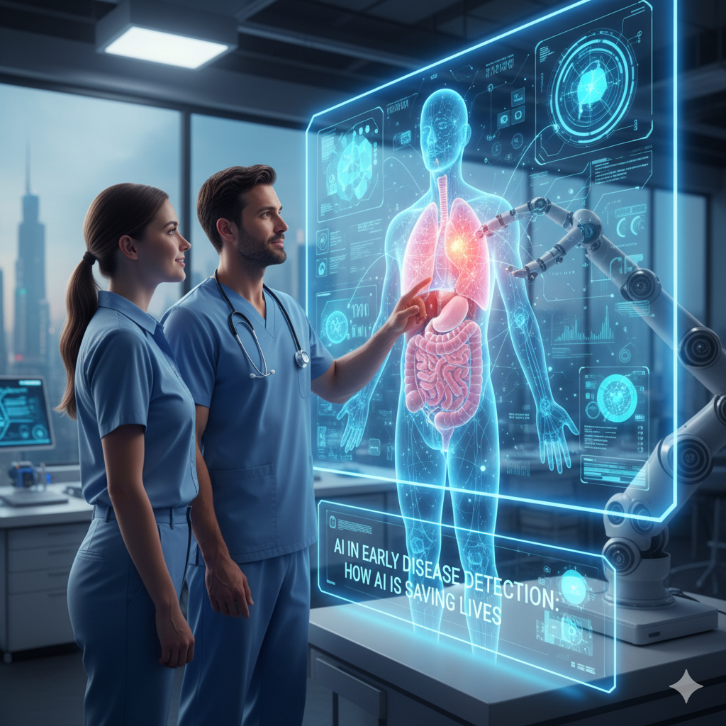 Doctor using AI technology on a digital screen to detect early signs of disease in medical scans