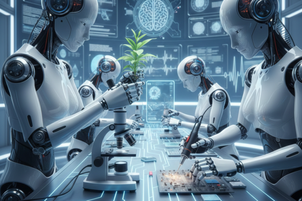 Humanoid robot demonstrating embodied intelligence by interacting with real-world objects using sensors and cameras