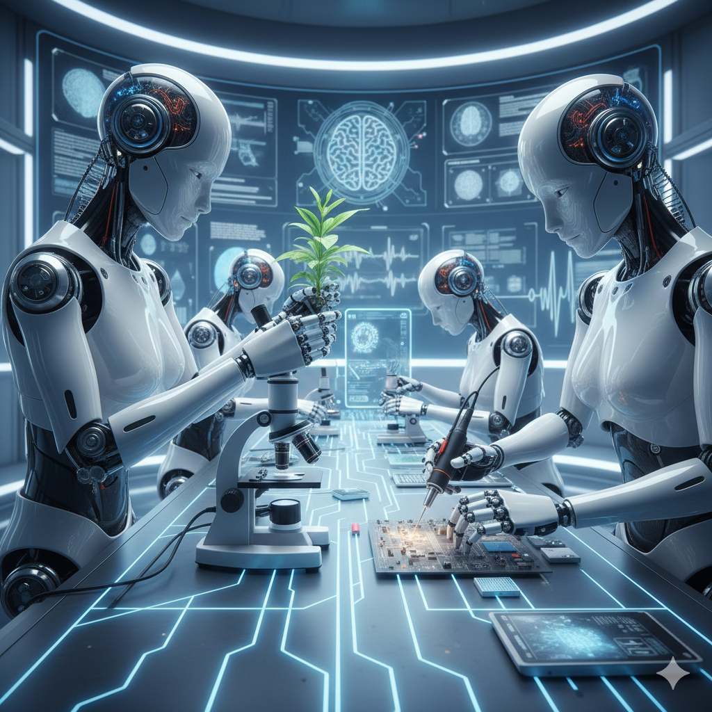 Humanoid robot demonstrating embodied intelligence by interacting with real-world objects using sensors and cameras