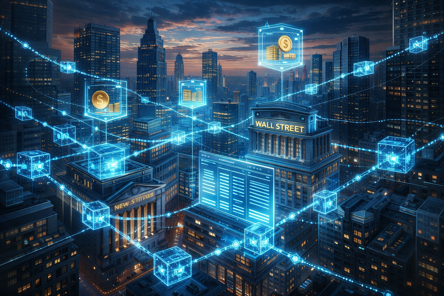 Wall Street financial district with blockchain technology concept overlay showing digital transactions