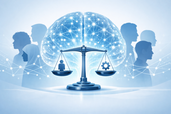 Illustration showing ethical machine learning concepts including fairness, transparency, and bias-free AI model development