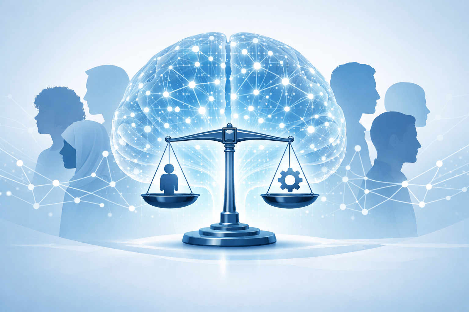Illustration showing ethical machine learning concepts including fairness, transparency, and bias-free AI model development