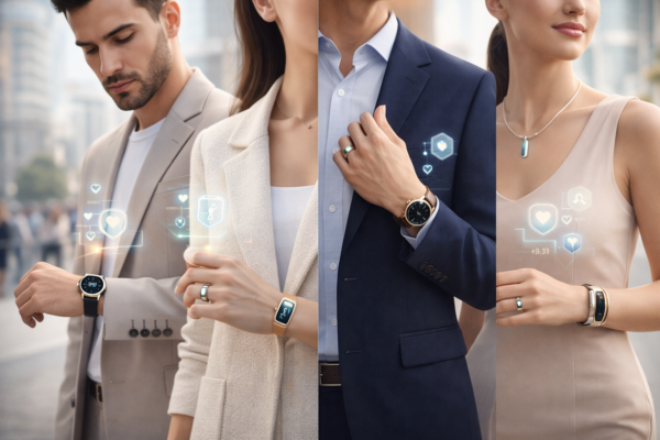 Stylish wearable technology including smartwatch, smart ring, and wearable jewelry in 2026