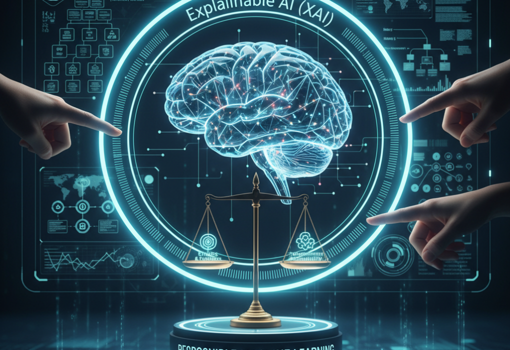 Diagram showing Explainable AI and Responsible Machine Learning concepts with transparency and fairness icons