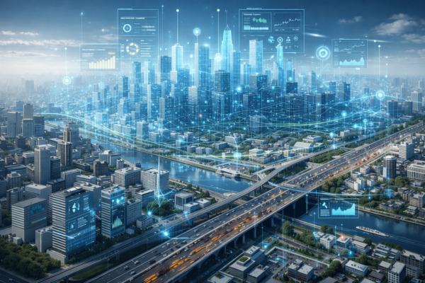 Digital twin technology visualization showing virtual replica of a smart city and factory floor