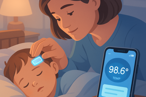 Smart fever patch applied on a child's chest for continuous temperature monitoring