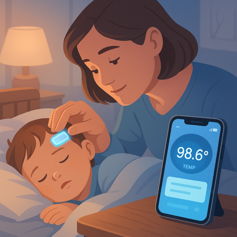 Smart fever patch applied on a child's chest for continuous temperature monitoring