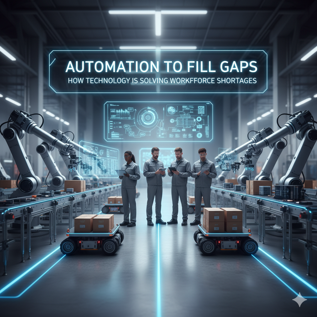 Robotic arms and automated machines working in a factory to address workforce shortage