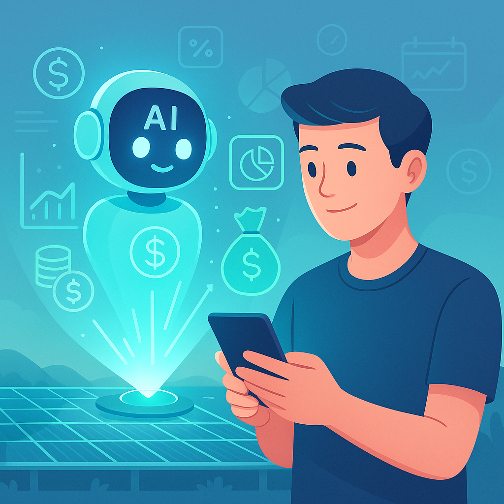 AI-based personal finance advisor app showing budget tracking and investment guidance on a smartphone