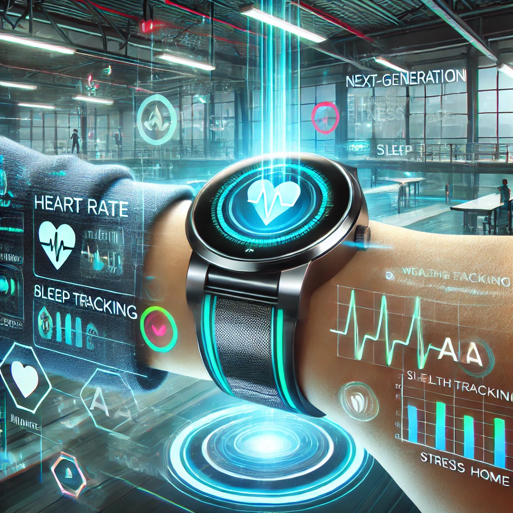 Next-generation fitness tracker on wrist showing health monitoring features including ECG and SpO2