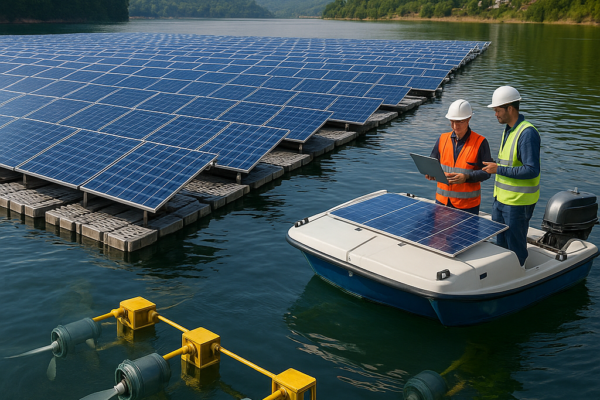 Floating solar farm on a reservoir with hydrokinetic turbines generating clean renewable energy
