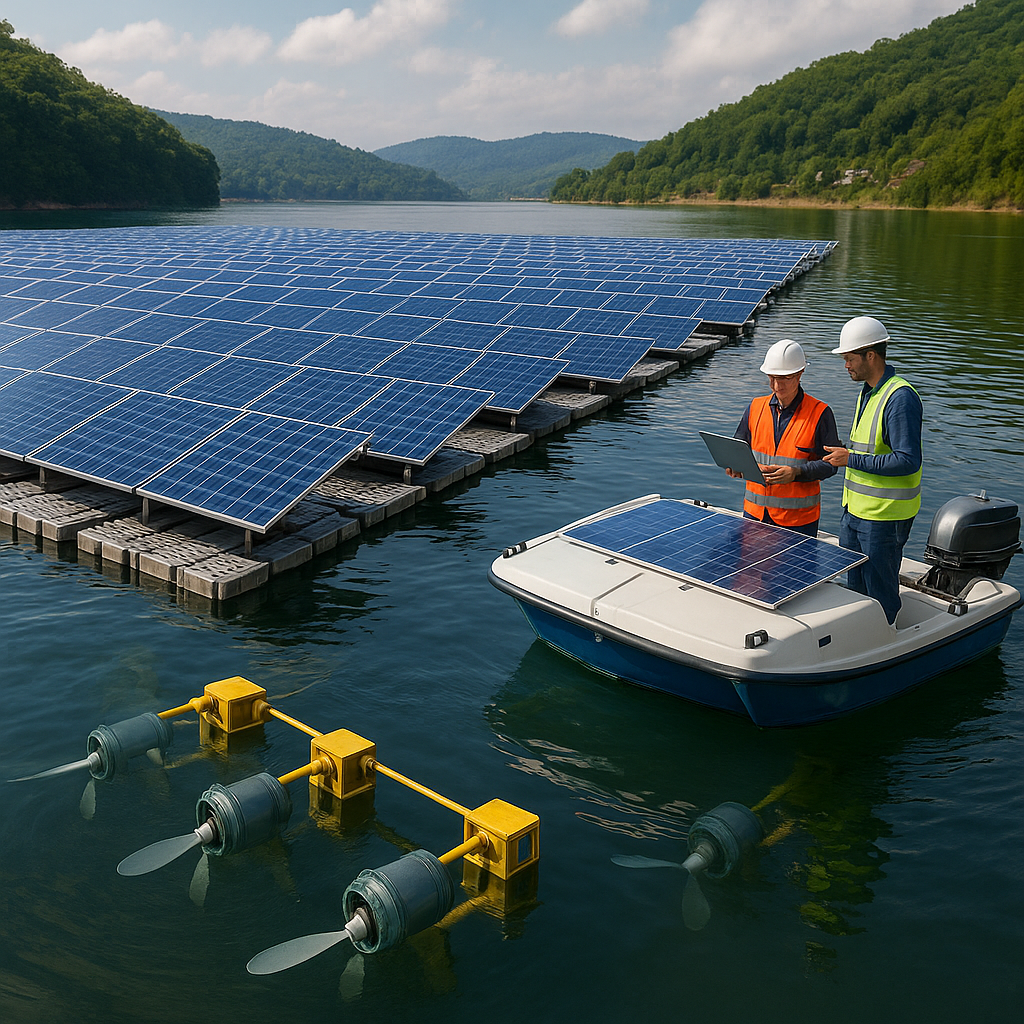 Floating solar farm on a reservoir with hydrokinetic turbines generating clean renewable energy