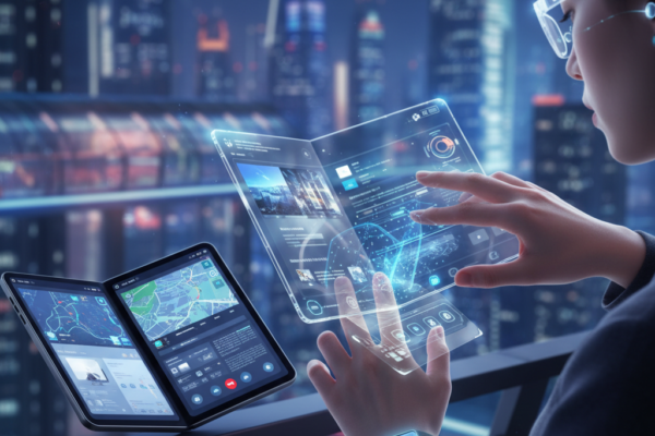 Foldable phone, dual-screen laptop, and smart ring representing the future of personal technology in 2025