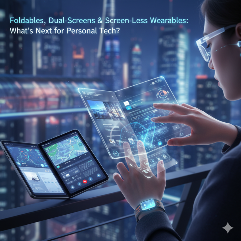 Foldable phone, dual-screen laptop, and smart ring representing the future of personal technology in 2025