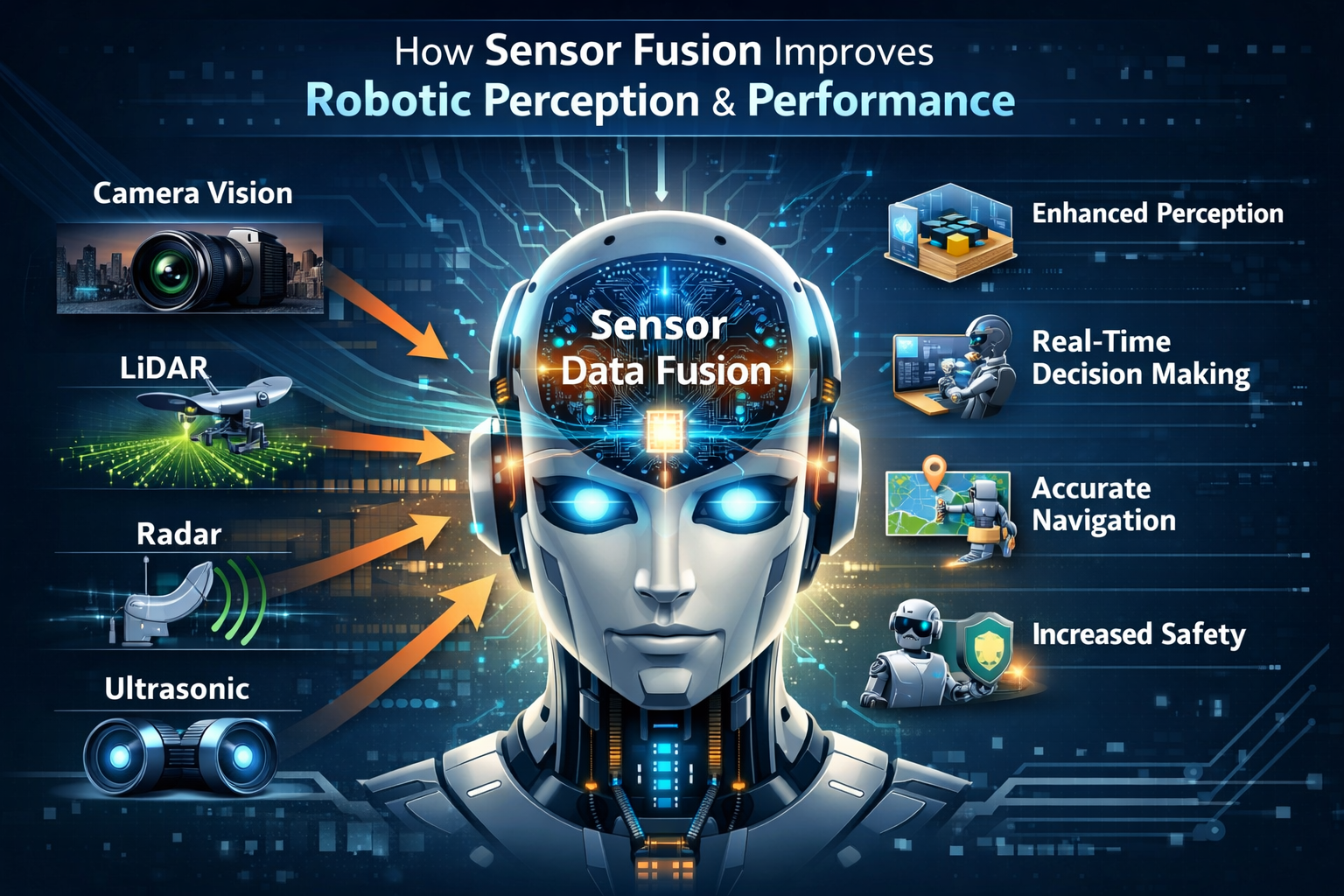 Robot using sensor fusion with camera, LiDAR, and radar for accurate environmental perception