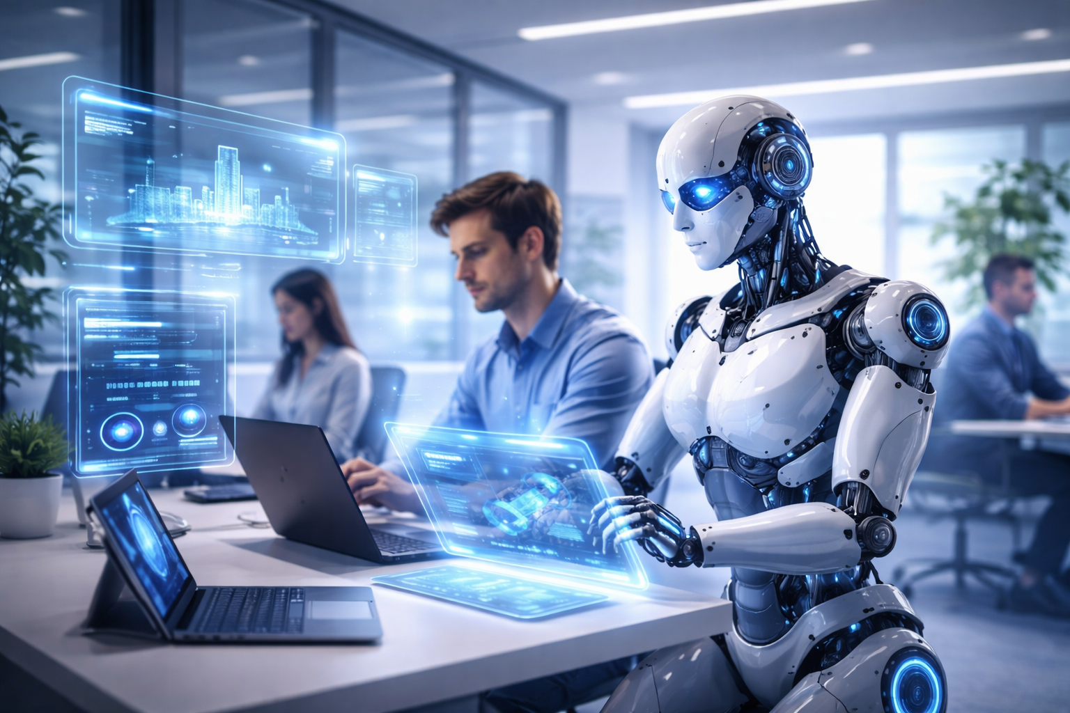 Humanoid robot working alongside human employees in a modern factory workplace