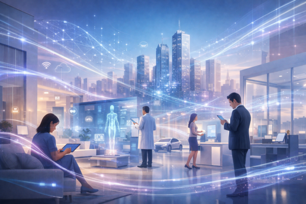 Illustration showing invisible integrated and pervasive artificial intelligence working across industries and daily life