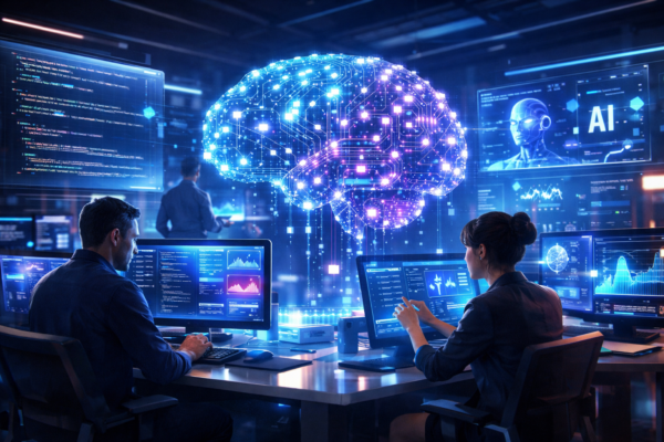 Illustration showing future software trends including AI, cloud computing, and low-code development