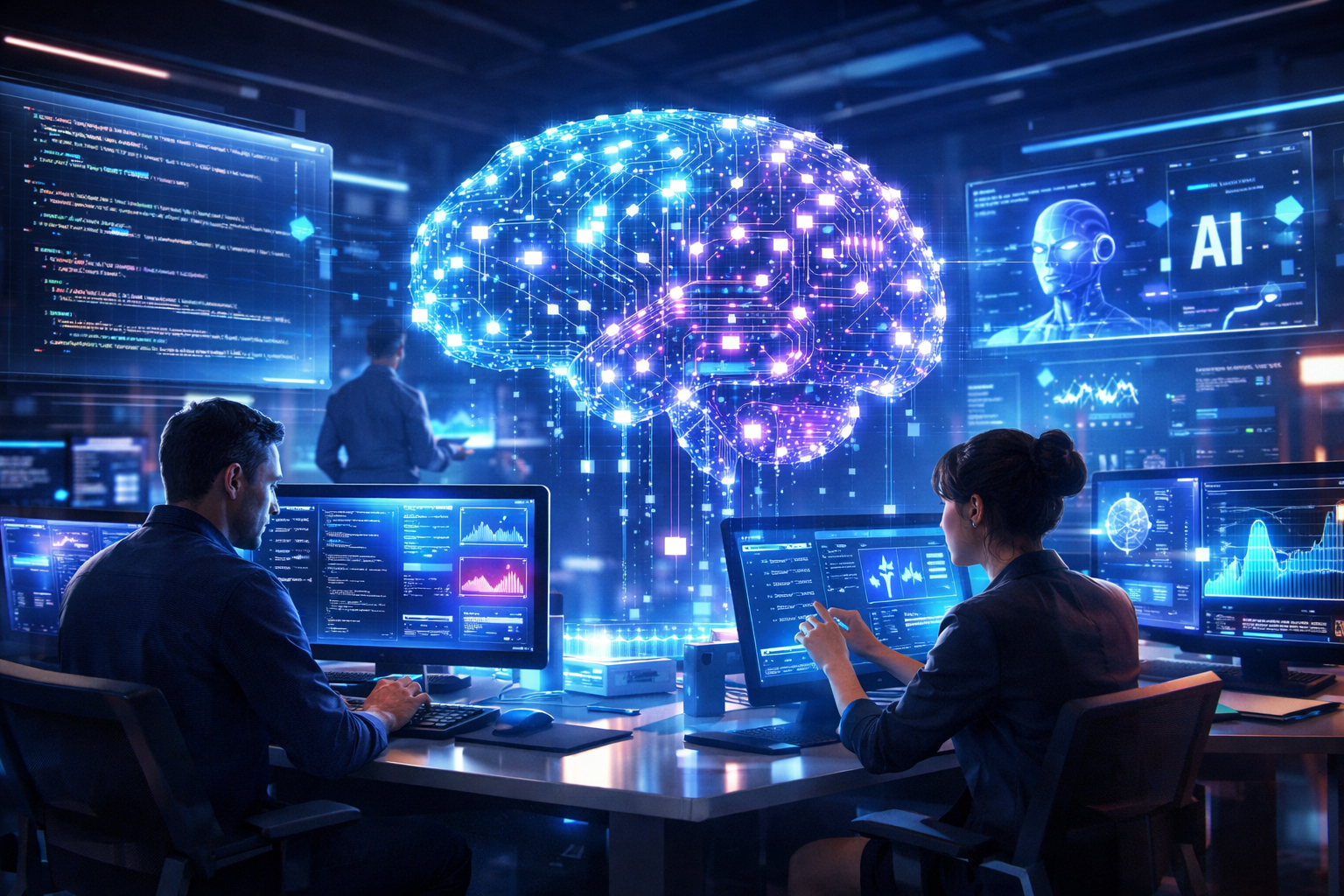 Illustration showing future software trends including AI, cloud computing, and low-code development