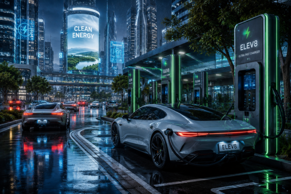 Electric vehicle charging at a smart charging station representing the future of EV technology