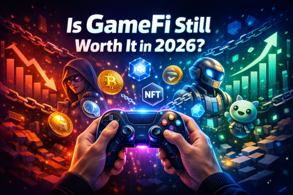 Player earning crypto rewards in a GameFi blockchain game in 2026