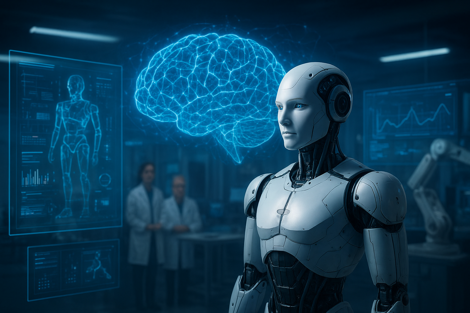 AI-driven generalist robot working alongside humans in a modern factory setting