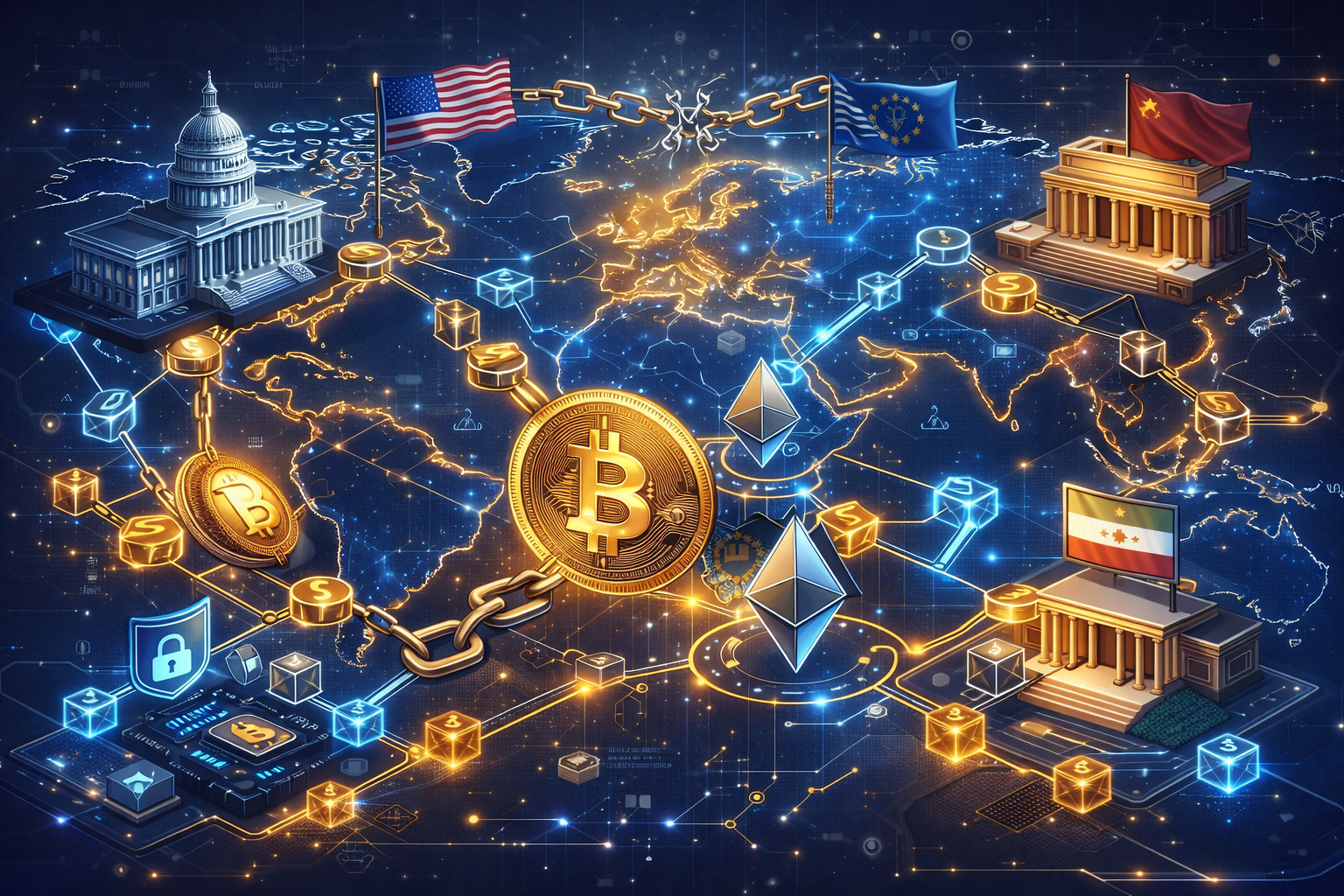 World map with cryptocurrency symbols representing geopolitical crypto movements and global politics impact on digital currencies