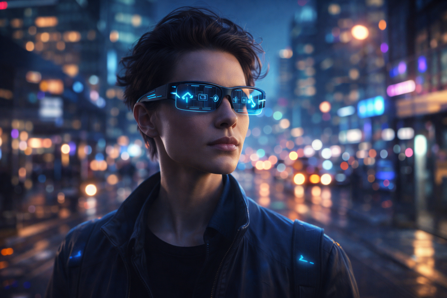 Person wearing next-generation smart glasses with augmented reality display overlay