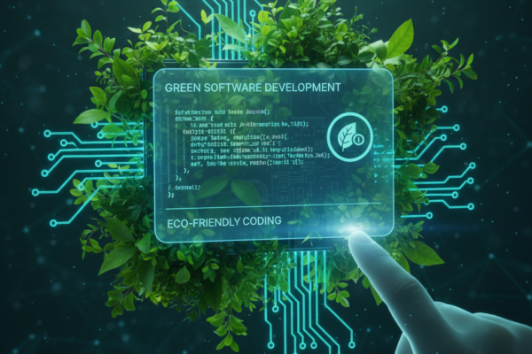 Developer writing eco-friendly green software code on a laptop with sustainability icons