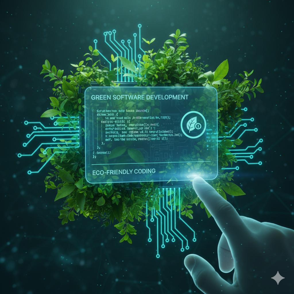 Developer writing eco-friendly green software code on a laptop with sustainability icons