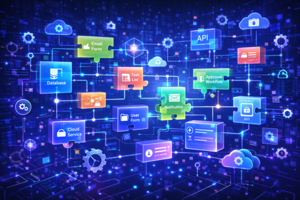 Developer using a low-code platform to build a business application with drag-and-drop visual tools