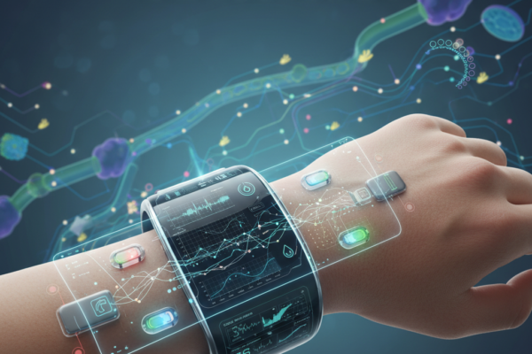 Advanced biosensors in a smartwatch tracking health metrics like SpO2, stress, and body temperature