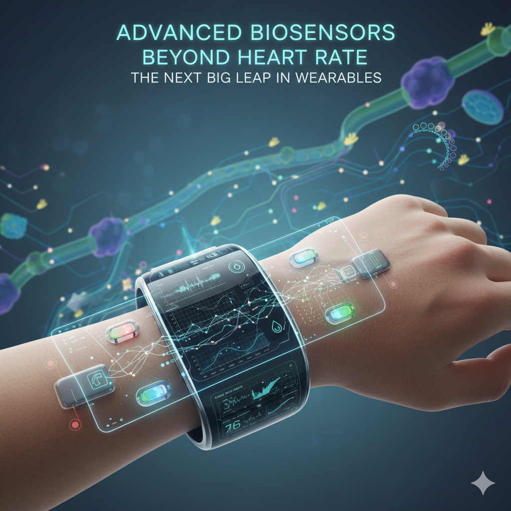 Advanced biosensors in a smartwatch tracking health metrics like SpO2, stress, and body temperature