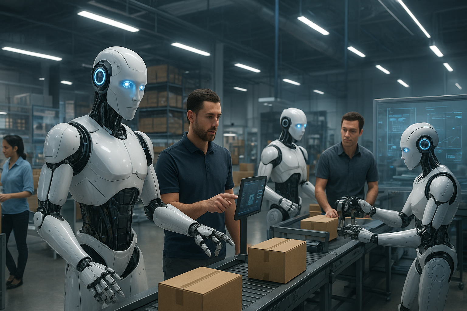 Humanoid robot working on a factory assembly line alongside human workers
