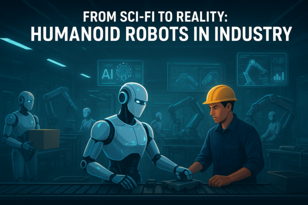 Humanoid robot working on a factory floor alongside human workers in 2025