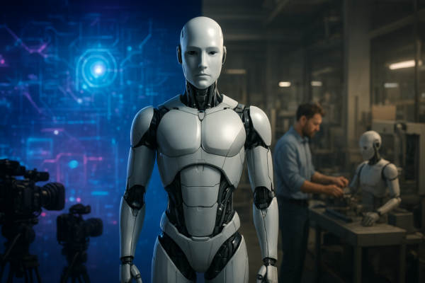 Humanoid robot standing in a factory environment demonstrating real-world utility