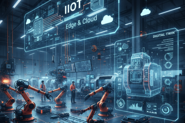 Smart factory with IIoT sensors, edge computing devices, and digital twin technology on the production floor