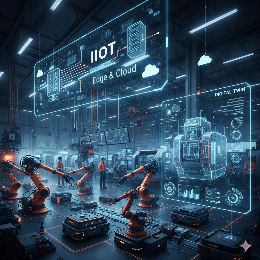 Smart factory with IIoT sensors, edge computing devices, and digital twin technology on the production floor