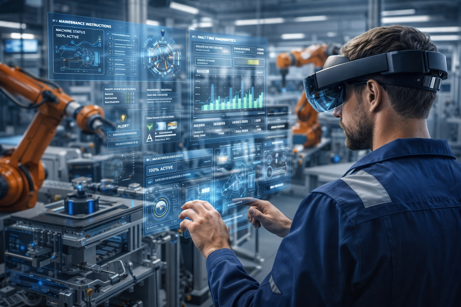 Engineer using augmented reality glasses for Human-Machine Interaction in an industrial setting
