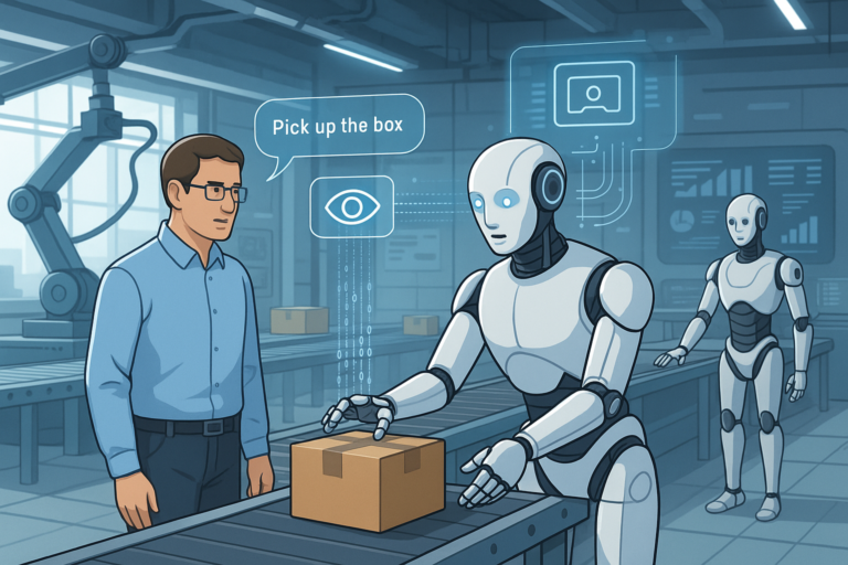 AI-integrated robot using Vision-Language-Action model to pick up objects in a warehouse