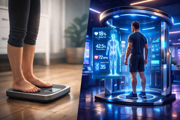Longevity station health monitoring device compared to a basic weighing scale