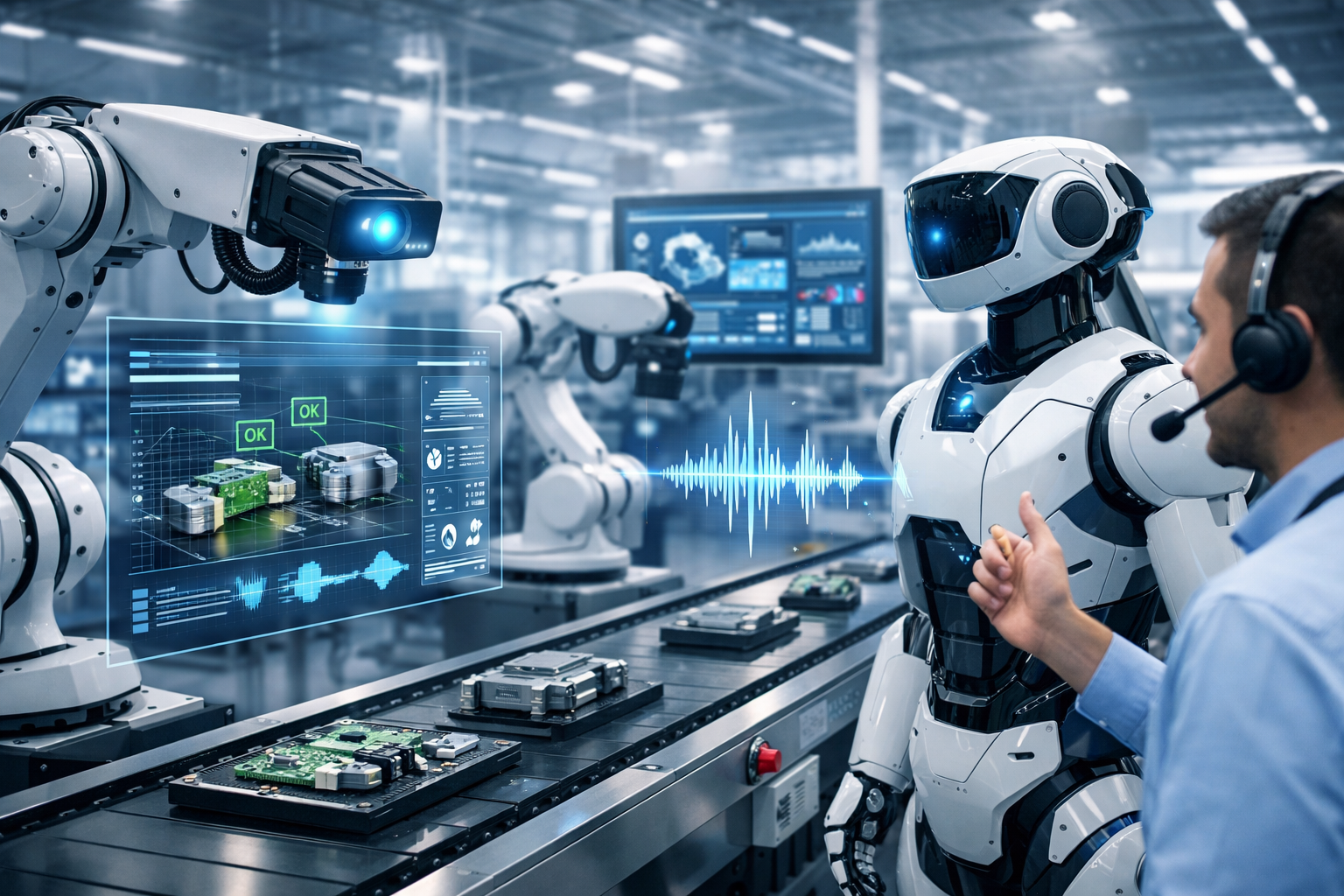 AI-enabled machine vision and voice control system used in smart factory automation with robotic arms