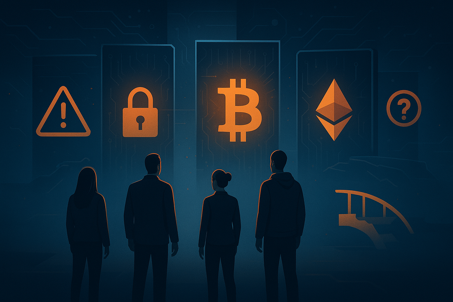 Illustration showing barriers to cryptocurrency mass adoption including volatility, regulation, and security risks