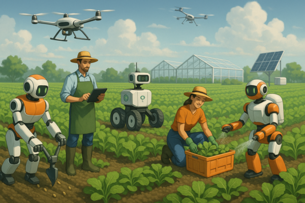Agricultural robot working in a farm field planting seeds and monitoring crops