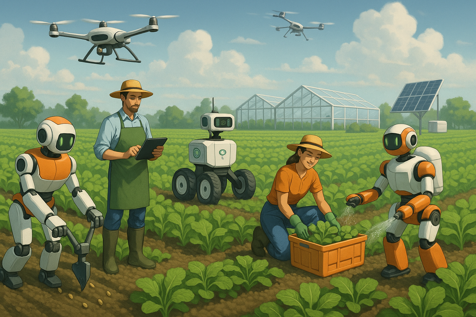 Agricultural robot working in a farm field planting seeds and monitoring crops